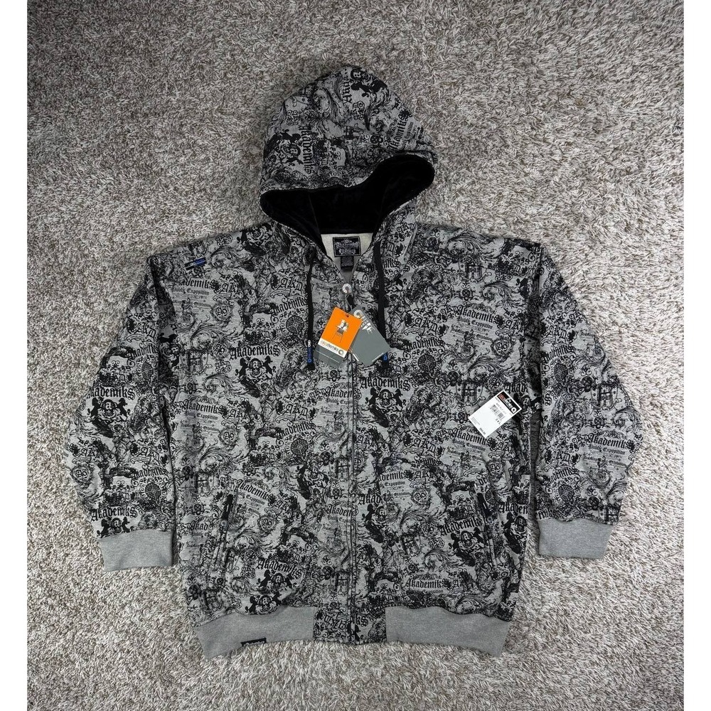 Vintage Akademiks Y2K Gothic All Over Print Zip Hoodie Hip Hop Streetwear 3XL